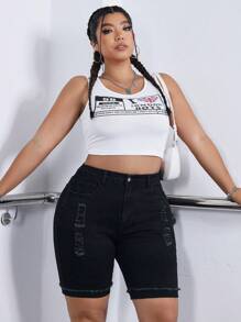 SHEIN ICON Plus Size Stretchy Distressed Denim Shorts With Washed Finish - Black - View 5