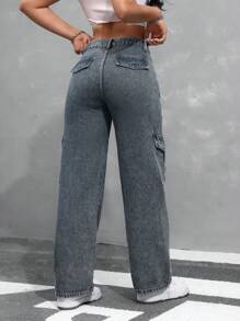 SHEIN EZwear 女款休閒鬆身牛仔褲，附帶口袋 - 深色水洗藍 - 查看 3