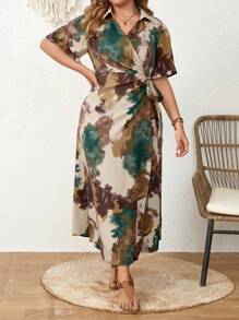Modelyn Vestido largo de verano con estampado de teñido anudado de talle alto con volantes en las mangas cortas para mujeres de talla grande, vestido de noche largo para mujer