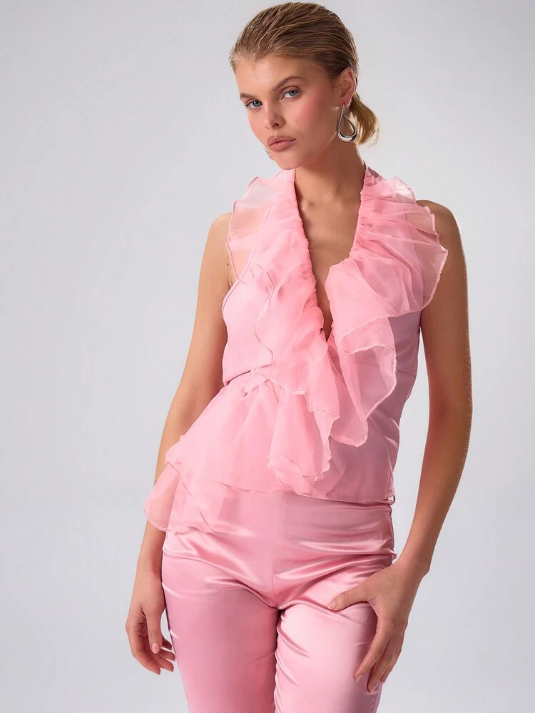 Women Plain Color Organza Ruffle Front Sleeveless Top Vacation Spring Summer Festival Carnival Holiday
