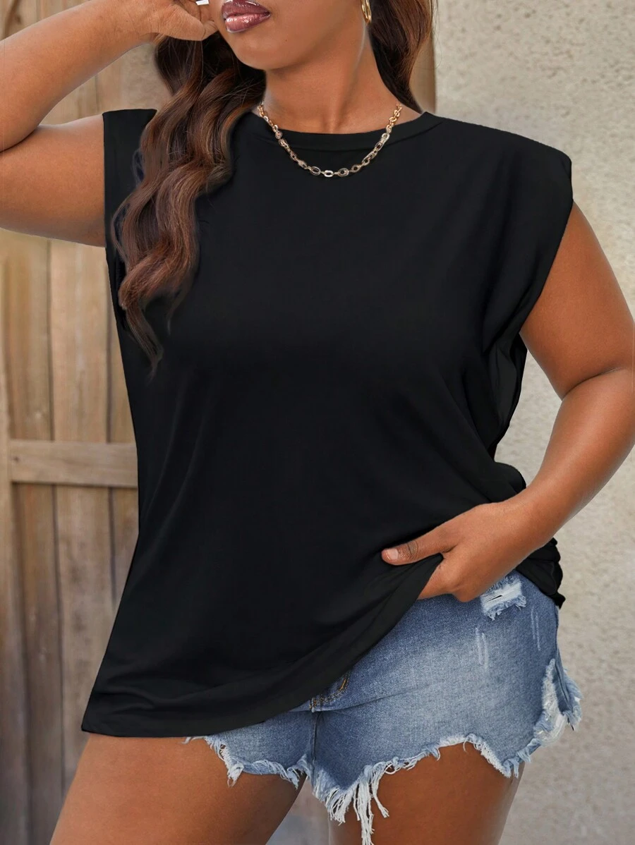 Calvaya Plus Solid Shoulder Pad Tank Top - Black - View 1