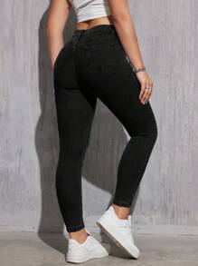 SHEIN EZwear 女性修身日常穿搭口袋牛仔褲，適合旅行 - 黑色 - 查看 2