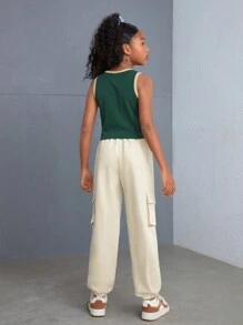 SHEIN Conjunto de Blusa sem Manga de Malha com Gola Redonda e Calça de Moletom de Cor Lisa Tecida na Moda para Meninas Adolescentes para a Primavera/Verão