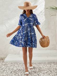 EURMUSE Rochie de vară cu imprimeu peste tot, cu mâneci cu volane - Albastru - Vizualizare 1