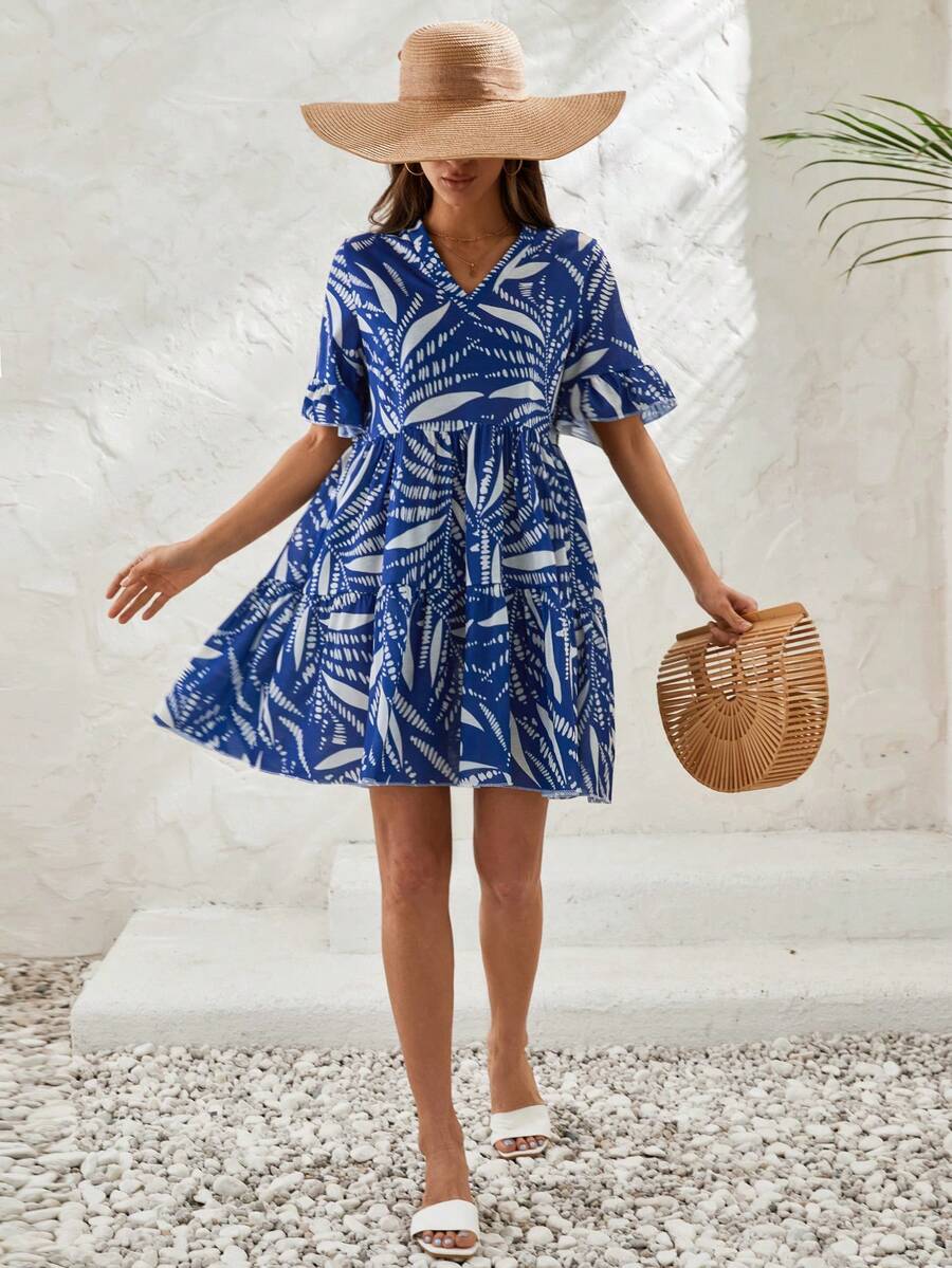 EURMUSE Rochie de vară cu imprimeu peste tot, cu mâneci cu volane - Albastru - Vizualizare 1