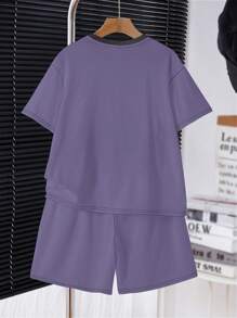 SHEIN Leap Crew Tween Boy Casual Cartoon Print Short Sleeve Round Neck 2pcs Set, Suitable For Summer