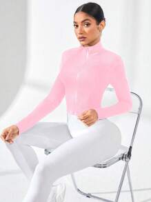 Gameset SHEIN Sport Solid Color Zipper Stand Collar Tight-Fitting Long Sleeve Sports Jacket Workout Jacket - Pink - View 3
