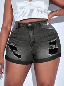 SHEIN SXY Pantalones cortos de mezclilla desgastados en talla grande para mujer con dobladillo enrollado y bolsillo - Gris - Ver 5