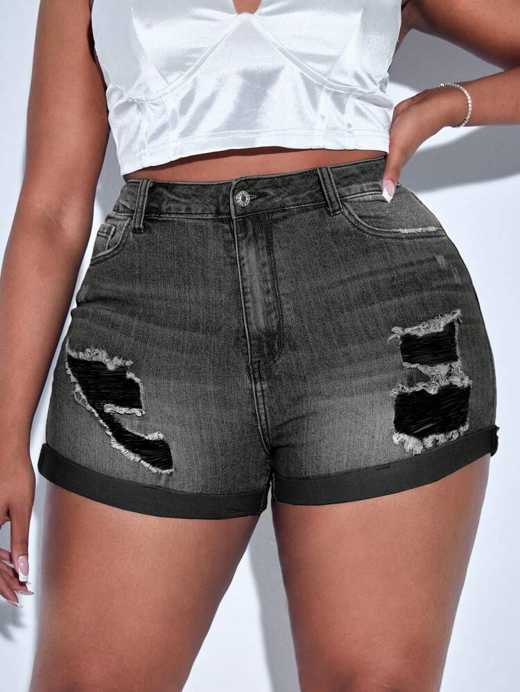 Plus Size Women's Rolled Cuff Distressed Denim Shorts With Pocket
