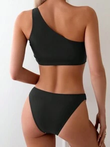 SHEIN Swim 女士纯色单肩比基尼套装带圆形连接器，性感比基尼套装适合夏季海滩 - 黑色 - 查看 2