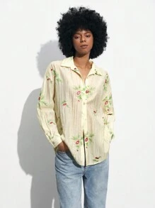 Maija Women's Embroidery Long Sleeve Simple Casual Shirt, Back To School Autumn - White - View 5