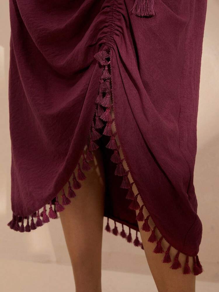 Women's Solid Color Split Hem Tassel Summer Skirt