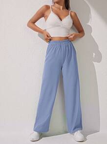 SHEIN PETITE Pantalones de pierna ancha sueltos y de unicolor de moda para mujeres para el verano - Azul - Ver 3