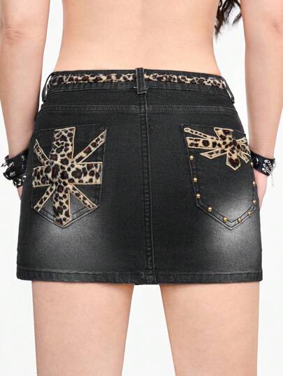 Hippie Leopard Print Women's Denim Skirt With Pocket And Slit, Summer