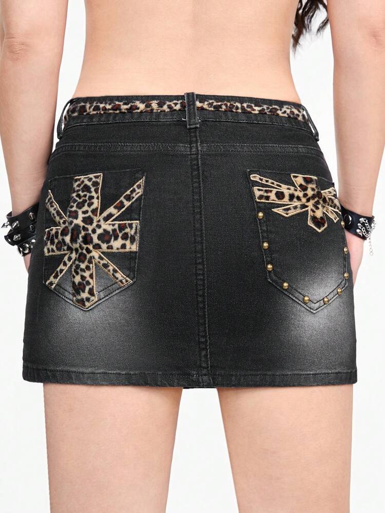 Leopard Print Women's Denim Skirt With Pocket And Slit, Summer