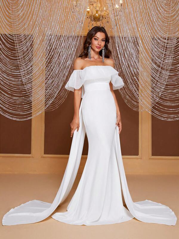 YISIKADO Off Shoulder Ruffle Trim Overlay Wedding Dress