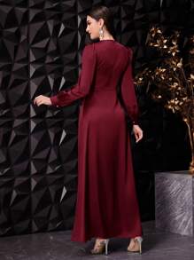 Veilorie 酒红色女士纯色灯笼袖长款优雅连衣裙，腰部饰有褶皱细节，春夏长款晚礼服 - 酒紅色 - 查看 2