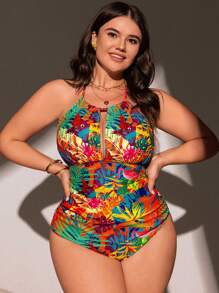 Swim Lushoire 大码女式热带植物印花镂空吊带连体泳衣，夏季度假 - 彩色 - 查看 5