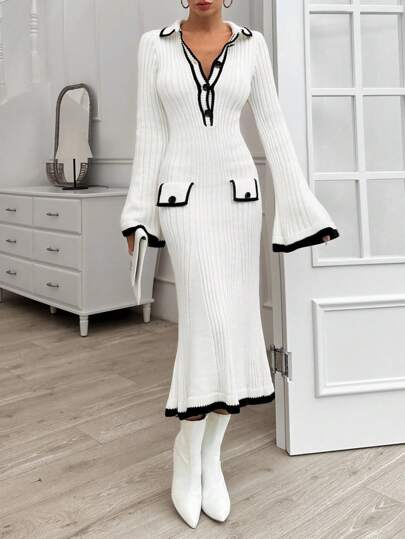 EURMUSE Plusstorlek damtröja med V-ringning, ficka och knappdetaljer