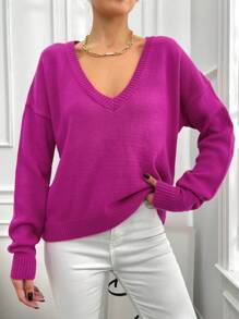 EURMUSE Maglione Donna A Collo A V Con Spalle Scese In Tinta Unita - Rosa - Visualizzare 5