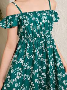 Letnia sukienka dla dziewczynki Tween o luźnym kroju, na ramiączkach typu spaghetti, z falbaną u dołu i drobnymi kwiatami, długość midi - Zielony - Zobacz 7