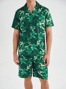 男士全印花短袖衫和短褲家居服套裝 - 綠色 - 查看 2