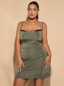 SHEIN BAE 优雅的生日派对服装绿色领口蕾丝针织弹力迷你连衣裙 - 軍綠色 - 查看 4