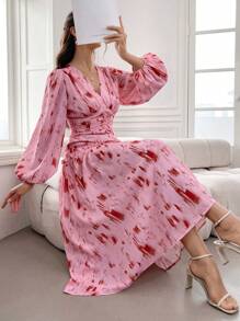 Modelyn Women's V-Neck Lantern Sleeve Pleated Hem Holiday Dress With Lace Trim Maxi Women Outfit