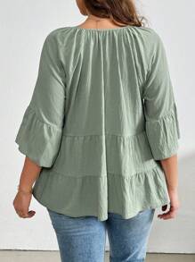 SHEIN Essnce Ropa de verano de talla grande: camisa verde, linda camisa de verano, ropa de otoño, ropa para niñas preadolescentes, ropa para maestras, camisetas divertidas, top de lino, lindos tops de verano, top de manga larga para mujeres, blusas para mujeres, lindos tops para ropa escolar, ropa de otoño boho - Verde militar - Ver 2