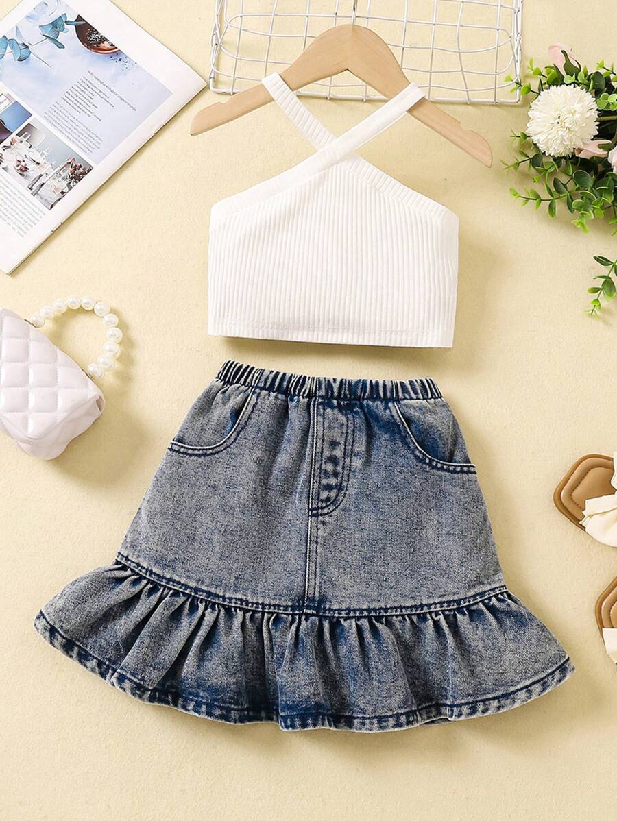 Conjunto de dos piezas con top de punto de cuello de halter cruzado y falda vaquera de cola de pez para niña joven - Azul y blanco - Ver 1