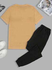 RueChic Bộ đồ thường ngày bằng vải chắp vá in chữ cho nam mùa hè và quần dài - Lạc đà - Xem 2