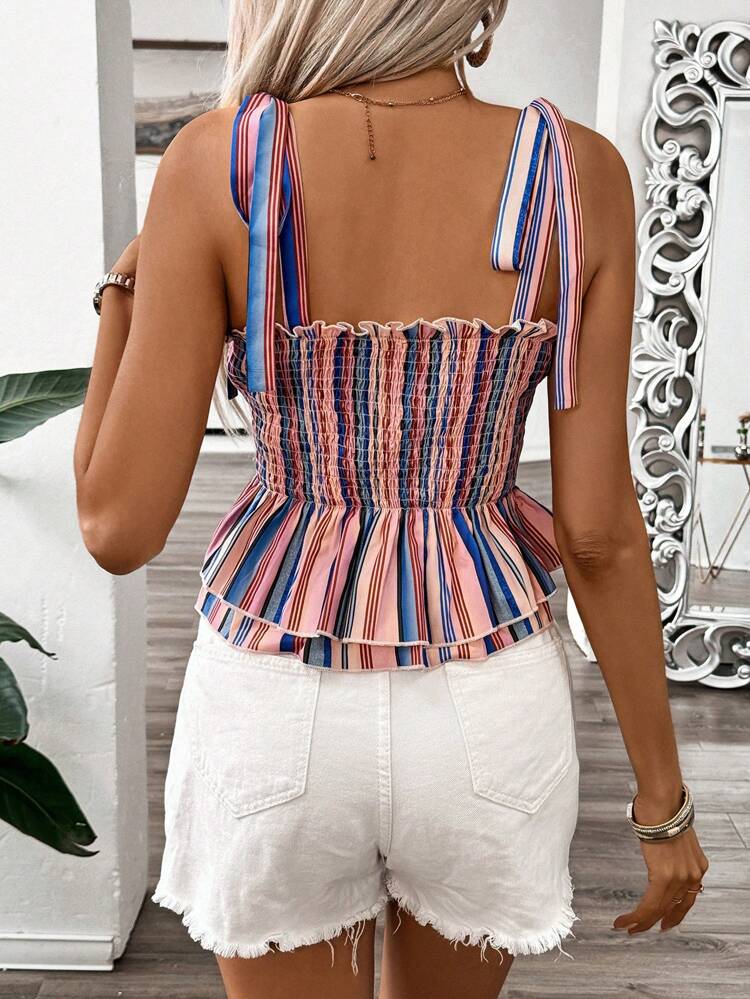 Women's Color Block Striped Summer Casual Camisole With Ruffle Hem
