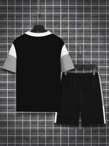 Conjunto de polo de manga corta casual para hombre con cierre de cremallera y color block, y pantalones cortos ideal para el verano