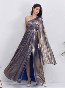 Women's Solid Color Metallic Fabric, Heavy Pleated Single Shoulder, Paired With Balloon Sleeves A-Line High-Low Hem Slit Dress, Suitable For Party/Wedding/Wedding Guest, Luxurious Evening Dresses For Women, Fall Women Clothes
