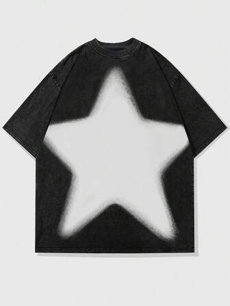 Street Life Camiseta de manga corta con estampado de estrella lavada y copos de nieve desgastada vintage para hombre, estilo de calle alta, escuela