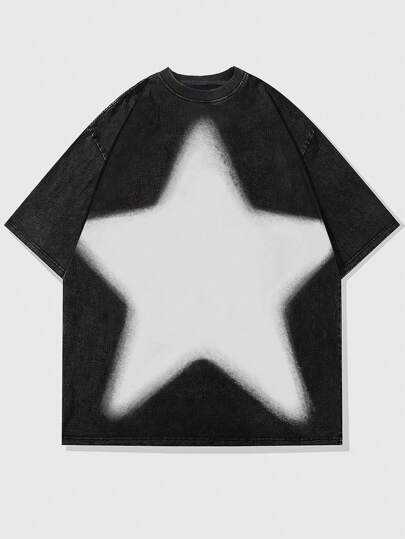 Street Life Camiseta de manga corta con estampado de estrella lavada y copos de nieve desgastada vintage para hombre, estilo de calle alta, escuela