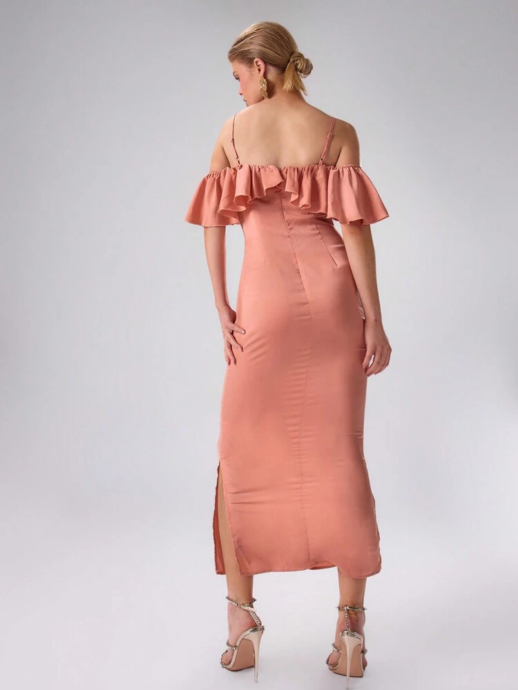 Women Plain Color Ruffle Cold Shoulder Summer Long Dress Elegant Spring Vacation Party Wedding Guest