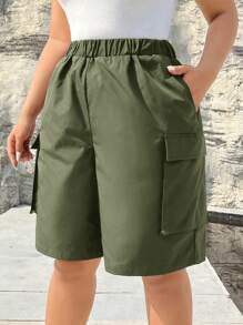 SHEIN EZwear Cộng với quần short có túi nắp bên hông, quần short chở hàng mùa hè - xanh quân đội - Xem 3