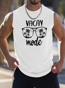 Camiseta sin mangas casual de verano para hombres con estampado de letras y palmeras