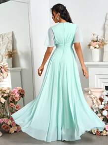 SHEIN Belle Elegant Chiffon Off-Shoulder V-Neck Pleated Swing Evening Dress - Green - View 2