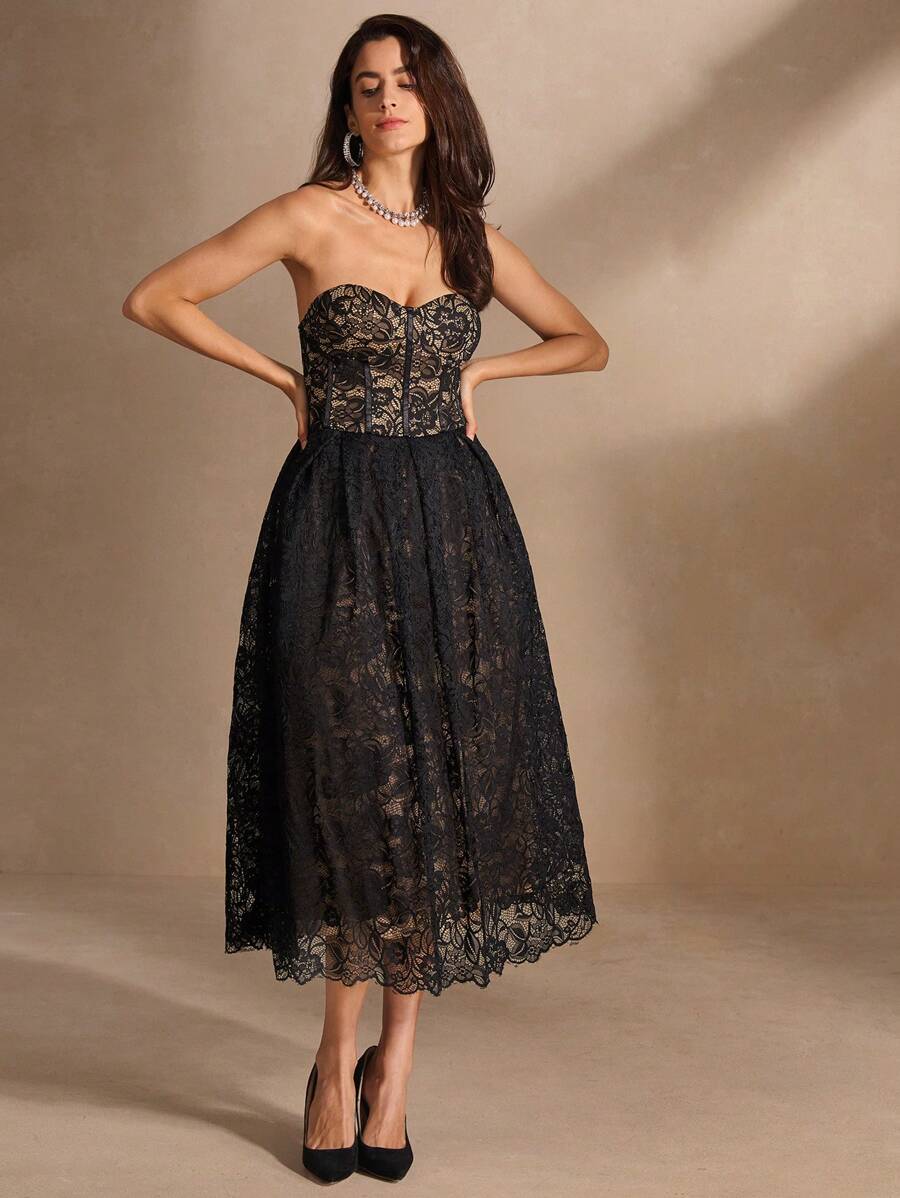 Anewsta Đầm dài đến giữa bắp chân thanh lịch dành cho nữ, dáng suông, xếp ly, lưng lưới, ngực, eo, viền xòe - màu đen - Xem 1