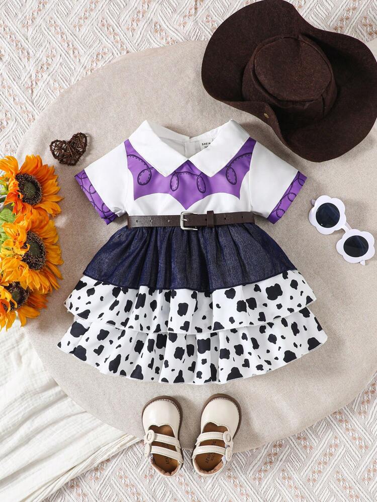 4pcs Western Cowboy Style Outfit Set Including Short Sleeve T-Shirt, Cowgirl Skirt, Denim Hat And Belt