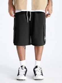 Manfinity RebelGame Men's Drawstring Waist Loose Fit Letter Printed Cargo Shorts With Pockets - Black - View 6