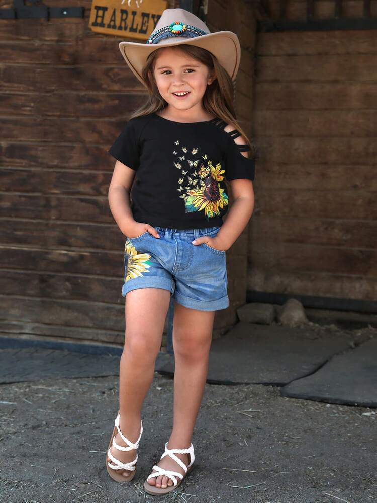 Young Girl 2-Pc Knitted Top With Artistic Sleeve Design And Sunflower Print Water Washed Denim Shorts