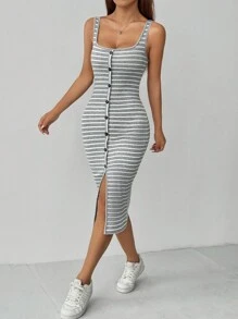 Flirla Petite Women's Striped Print Simple Daily Dress Maxi Women Outfit - Grey - View 3