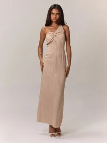 MUSERA Vestido longo elegante de tecido plano com decote assimétrico e franzido, perfeito para primavera, verão, férias, festas e formaturas. - Caqui - Ver 4