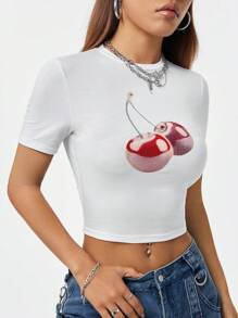 SHEIN EZwear Street Cool All-Match Women's Slim Fit T-Shirt With Pixelated Fruit Cherry Print, Spring And Summer