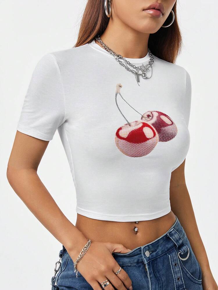 Street Cool All-Match Women's Slim Fit T-Shirt With Pixelated Fruit Cherry Print, Spring And Summer