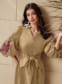 Mulvari Đầm mùa hè tay dài in hoa cổ chữ V thanh lịch dành cho nữ - Màu Khaki - Xem 7