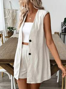 Pariaura 夏季實色翻領無袖背心和短褲套裝，2件套 - 白色 - 查看 3